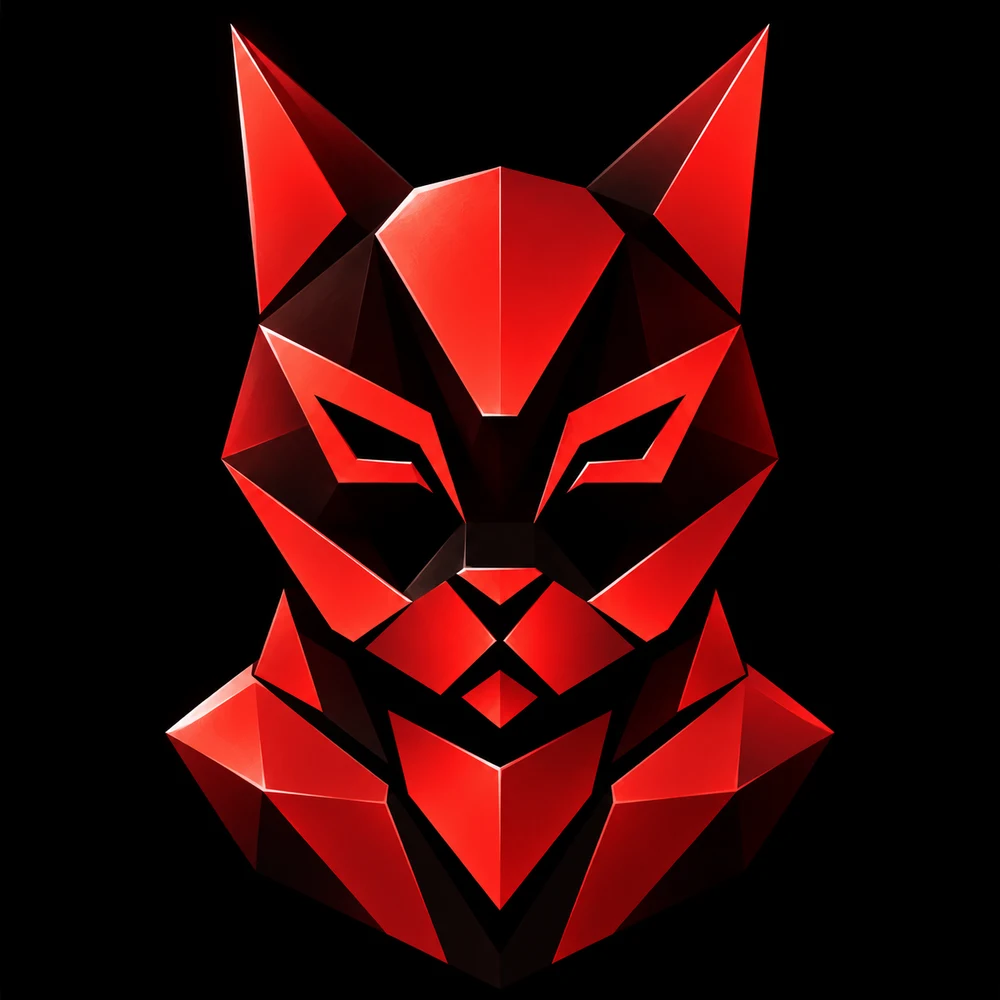A red geometric cat with sharp triangular ears, dark eyes and an angular armored chest